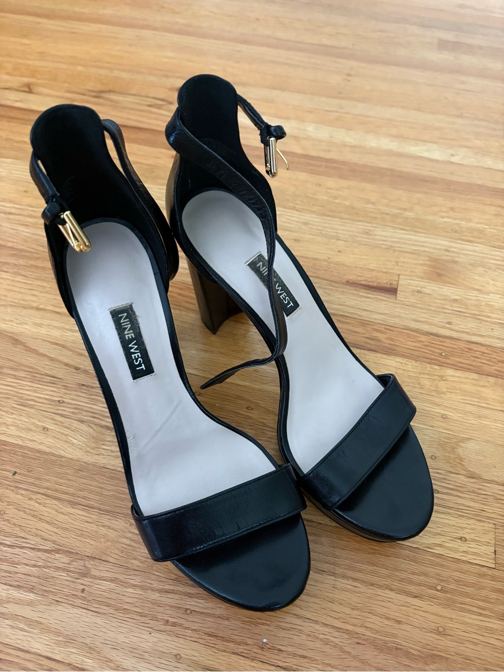 Nine West Black Ankle-Strap Block Heels with Gold Accents